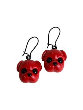 Red Resin Kitsch Bulldog Drop Earrings Handmade